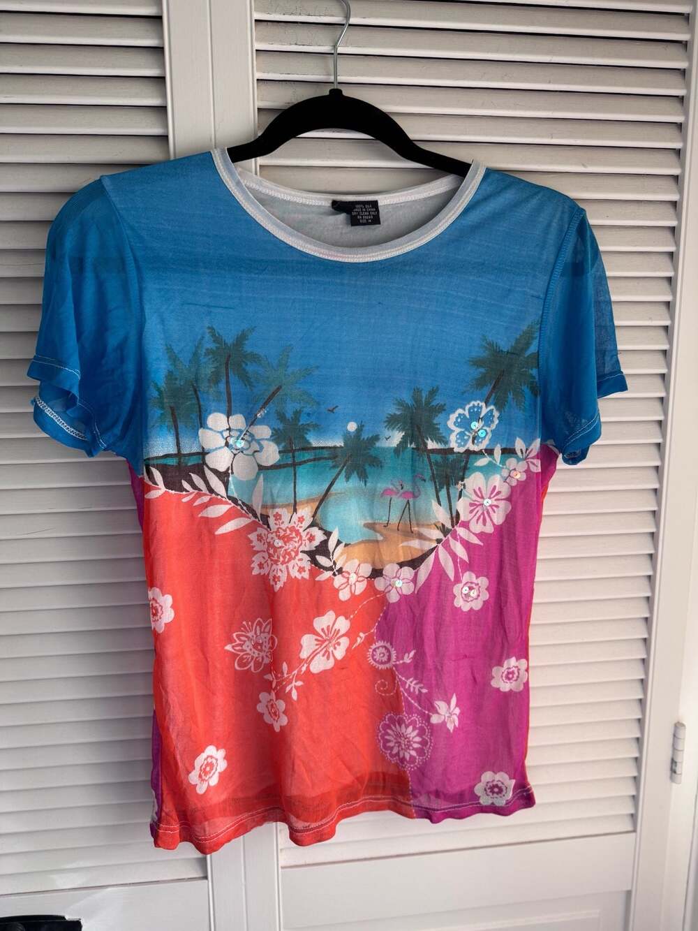 Lynn Ritchie 100% Silk Tropical Beach Mesh Sequin T-Shirt Size M